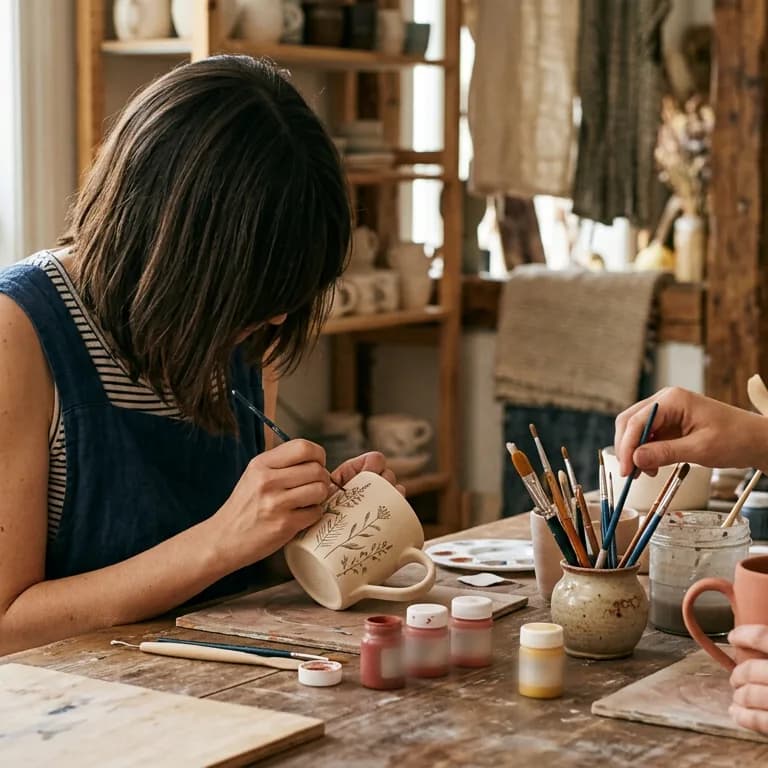 Two participants hand-painting ceramic mugs in a bright Oslo craft studio