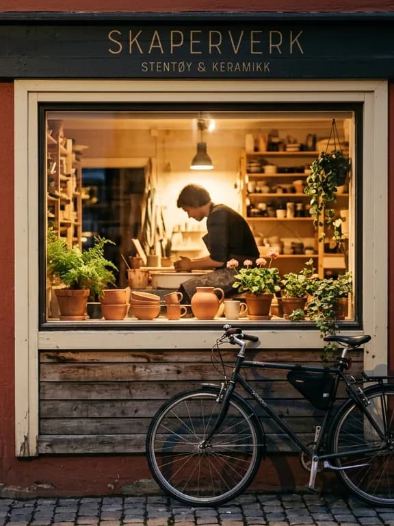 A lit ceramics studio window on an Oslo street at dusk