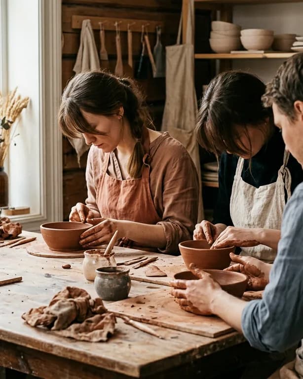 Participants shaping clay bowls around a wooden table in an Oslo ceramics studio